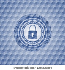 closed lock icon inside blue emblem with geometric pattern.