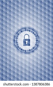 closed lock icon inside blue emblem or badge with geometric pattern background.