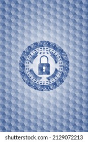 closed lock icon inside blue emblem with geometric pattern. 