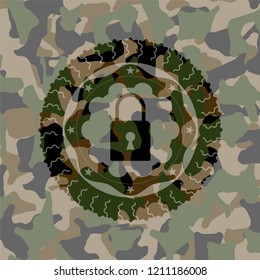 closed lock icon inside camouflaged emblem