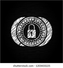 closed lock icon inside chalk emblem written on a blackboard