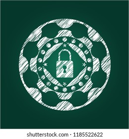 closed lock icon inside chalkboard emblem on black board