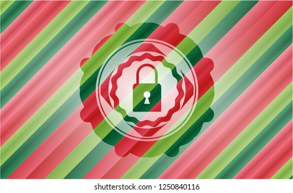 closed lock icon inside christmas emblem background.