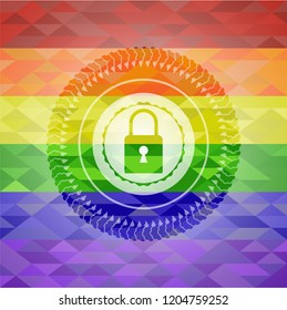 closed lock icon inside emblem on mosaic background with the colors of the LGBT flag