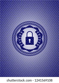 closed lock icon inside emblem with denim high quality background