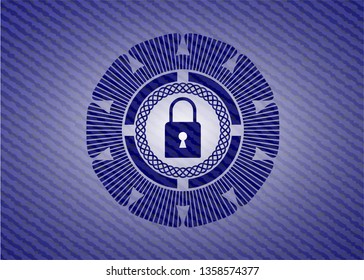 closed lock icon inside emblem with denim high quality background