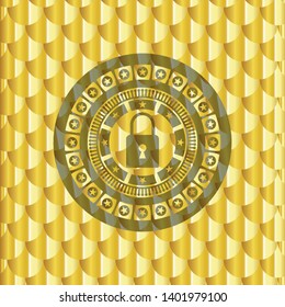 closed lock icon inside gold emblem or badge. Scales pattern. Vector Illustration. Detailed.