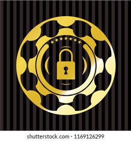 closed lock icon inside golden emblem or badge