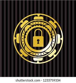 closed lock icon inside golden badge or emblem