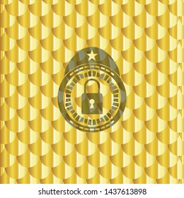 closed lock icon inside golden emblem. Scales pattern. Vector Illustration. Detailed.