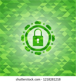closed lock icon inside green emblem with mosaic background