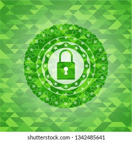closed lock icon inside green emblem with mosaic ecological style background