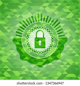 closed lock icon inside green emblem with mosaic ecological style background