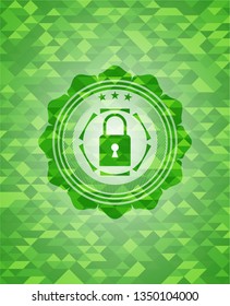 closed lock icon inside green emblem with mosaic background