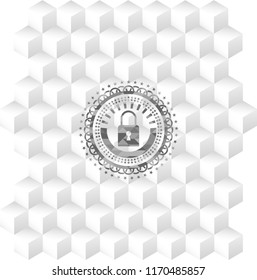 closed lock icon inside grey badge with geometric cube white background
