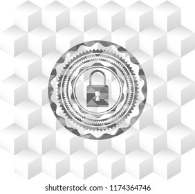 closed lock icon inside grey emblem. Retro with geometric cube white background