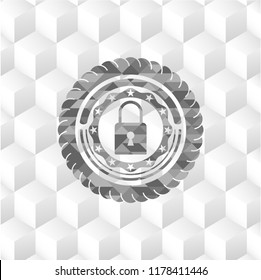 closed lock icon inside grey emblem. Vintage with geometric cube white background