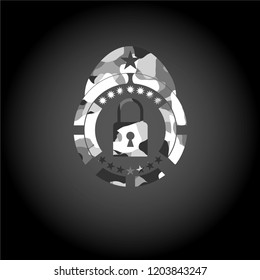 closed lock icon inside grey camouflage texture