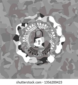 closed lock icon inside grey camouflage emblem