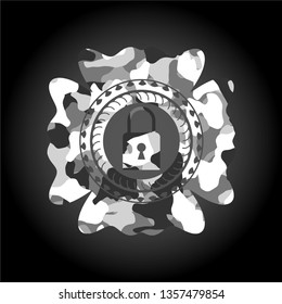 closed lock icon inside grey camouflaged emblem