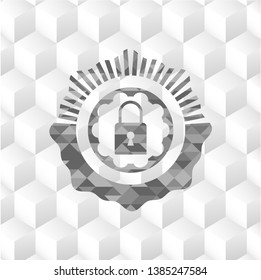 closed lock icon inside grey badge with geometric cube white background
