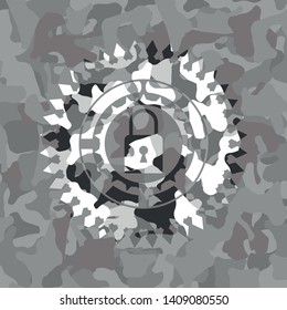 closed lock icon inside grey camouflaged emblem