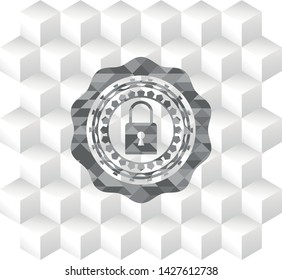 closed lock icon inside grey badge with geometric cube white background