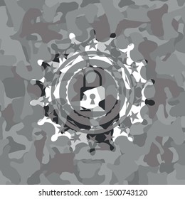 closed lock icon inside grey camouflage emblem
