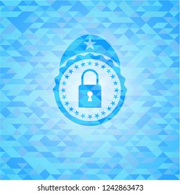 closed lock icon inside light blue emblem with mosaic ecological style background