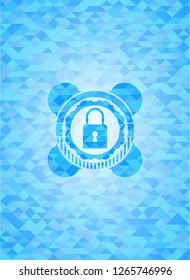 closed lock icon inside light blue emblem. Mosaic background