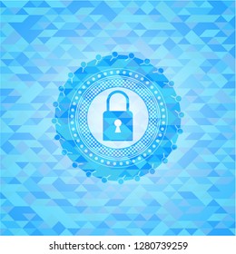 closed lock icon inside light blue emblem with mosaic ecological style background