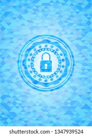 closed lock icon inside light blue emblem with mosaic ecological style background