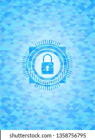 closed lock icon inside light blue emblem with mosaic background