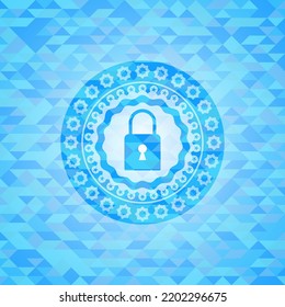 closed lock icon inside light blue emblem with mosaic background. 