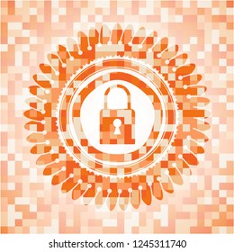 closed lock icon inside orange tile background illustration. Square geometric mosaic seamless pattern with emblem inside.