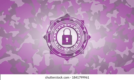 closed lock icon inside pink camouflaged emblem. 