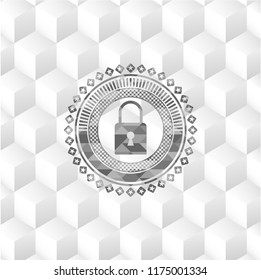 closed lock icon inside realistic grey emblem with geometric cube white background