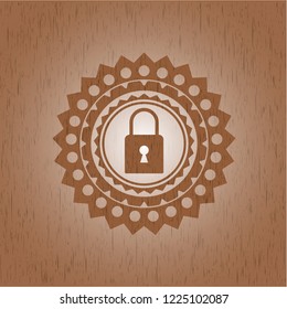 closed lock icon inside realistic wood emblem