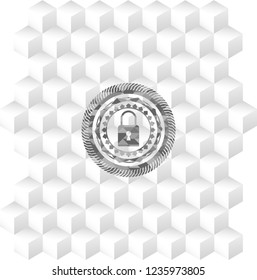 closed lock icon inside realistic grey emblem with cube white background
