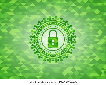 closed lock icon inside realistic green emblem. Mosaic background