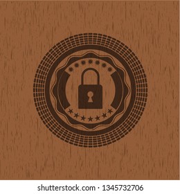 closed lock icon inside realistic wood emblem