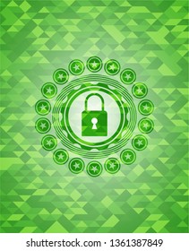 closed lock icon inside realistic green emblem. Mosaic background