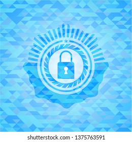 closed lock icon inside realistic light blue emblem. Mosaic background