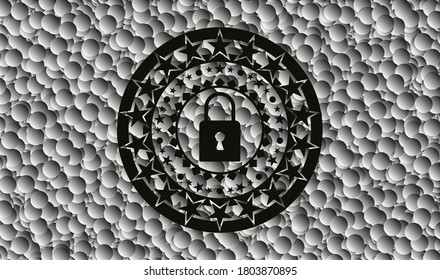 closed lock icon inside realistic black emblem with grey bubbles background. Vector Illustration. Detailed. 