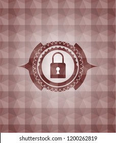 closed lock icon inside red emblem or badge with abstract geometric polygonal pattern background