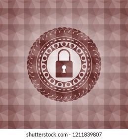 closed lock icon inside red emblem or badge with abstract geometric polygonal pattern background. Seamless.