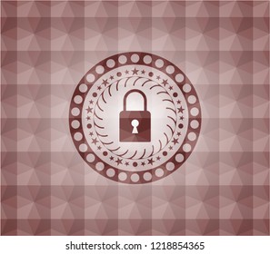 closed lock icon inside red seamless geometric pattern emblem. Seamless.