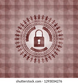 closed lock icon inside red seamless emblem or badge with geometric pattern background.