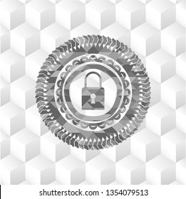closed lock icon inside retro style grey emblem with geometric cube white background