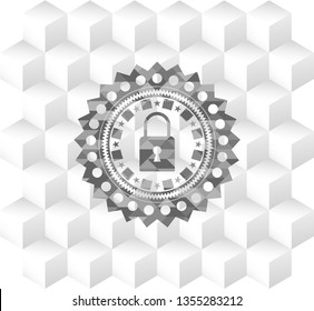 closed lock icon inside retro style grey emblem with geometric cube white background